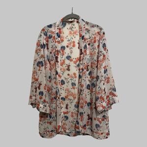 Floral Semi Sheer Top Cover Up Open Front Wide Sleeves Fairy Beachy Boho Size 14